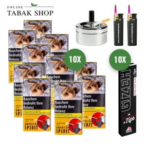 American Spirit Master Blend Gold (10 x 30g) + 10 Gizeh Black King Size Slim Blättchen u. Tips, 2 Sturmfeuerzeuge, 1 Drehascher