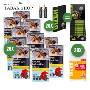 American Spirit Original Blue (20 x 30g) + 20 Gizeh Black Fine Blättchen 100er + 20 Gizeh Slim Filter 6mm + 2 Sturmfeuerzeuge