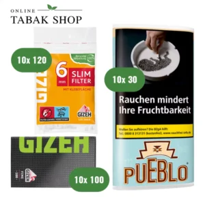 Pueblo Blue Tabak 10 x 30g mit GIZEH Black Fine und GIZEH Slim Filter