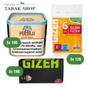 Pueblo Tabak (5x 100g), Sorte wählbar + Gizeh Black Fine (5x 100er) + Gizeh Slim 6mm Filter Tips (5x 120er) Beutel