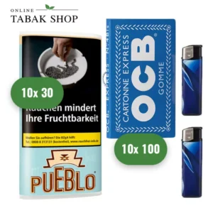 Pueblo Tabak 10x30g Set mit OCB Blau und Feuerzeugen