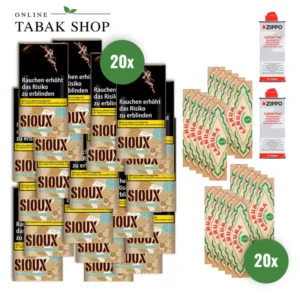 Sioux Virginia Blue (20x 30g) + Canuma King Size Slims & Filtertips Bambusblättchen (20x 32) + 2 Zippo Benzin