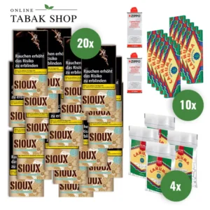 Sioux Virginia Blue (20x 30g)+Canuma Hanf Blättchen (10x 60)+Canuma Filter (4x 150)+2 Zippo Benzin
